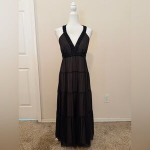 Vtg Y2K BCBG Black Sheer Silk Halter Midi Dress Sz 6 Embellished Nude Slip Prom